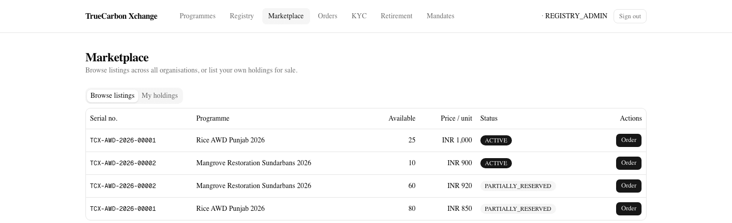 TrueCarbon Xchange marketplace console showing real listings with serial numbers, available quantity, price per unit, and order status